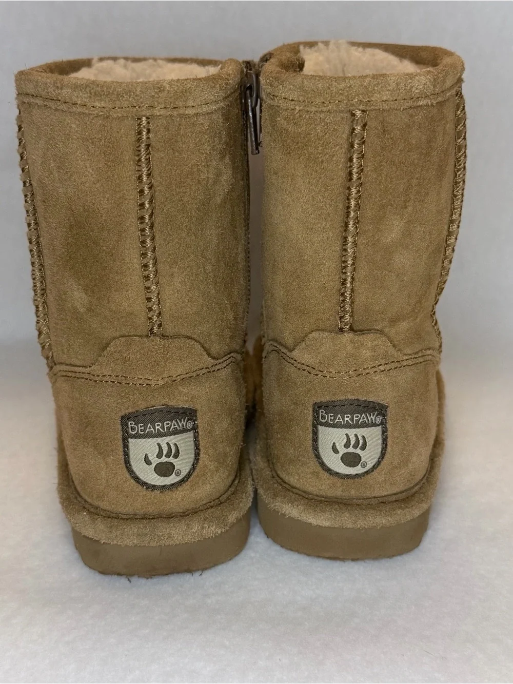 BEARPAW Kids Emma Boots Size 10 Chestnut Suede Shearling Side Zip Fall Winter